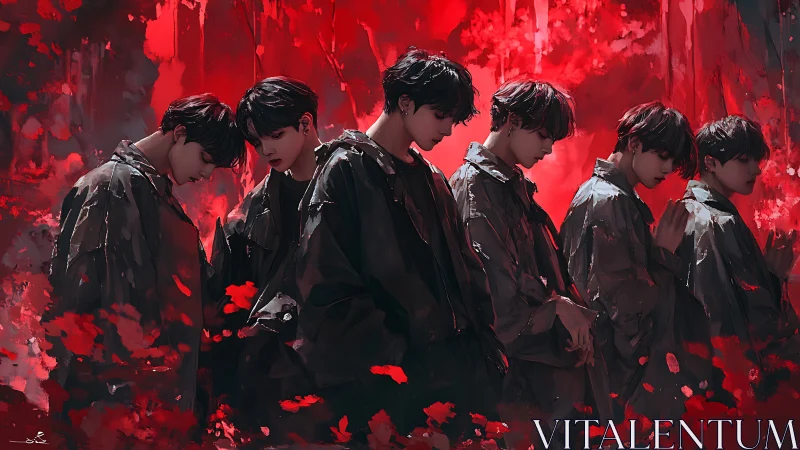 Row of six male figures stands before saturated red backdrop