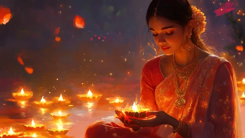 Woman in traditional attire holds illuminated floating diya