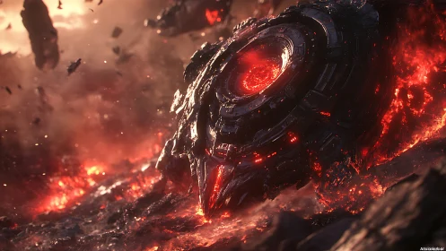 Fiery alien engine resting in a river of glowing magma.