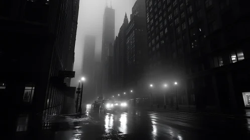 Foggy downtown street with tall buildings at night.