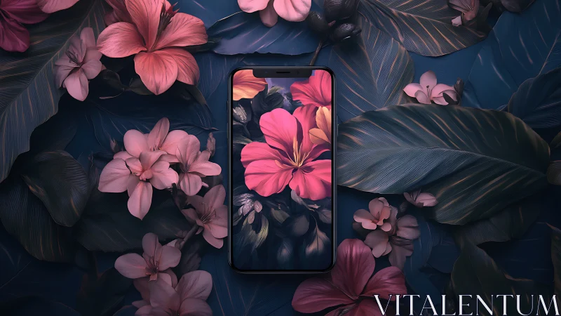 Smartphone Display Surrounded by Vibrant Pink Florals and Dark Foliage.