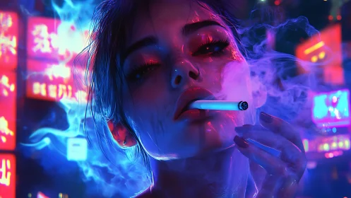 Neon-lit portrait uses hard rim lighting and volumetric smoke rendering