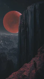 Solitary figure on cliffside beneath large red planet.