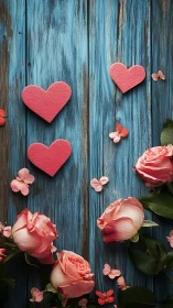 Pink Hearts and Roses on Rustic Blue Wood.