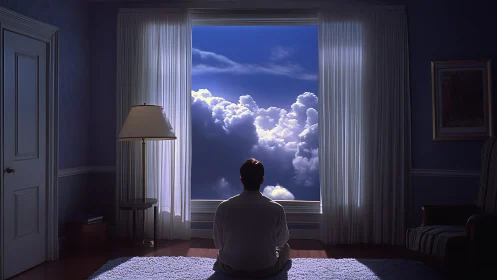 Solitary figure gazes through window into luminous cloudscape.