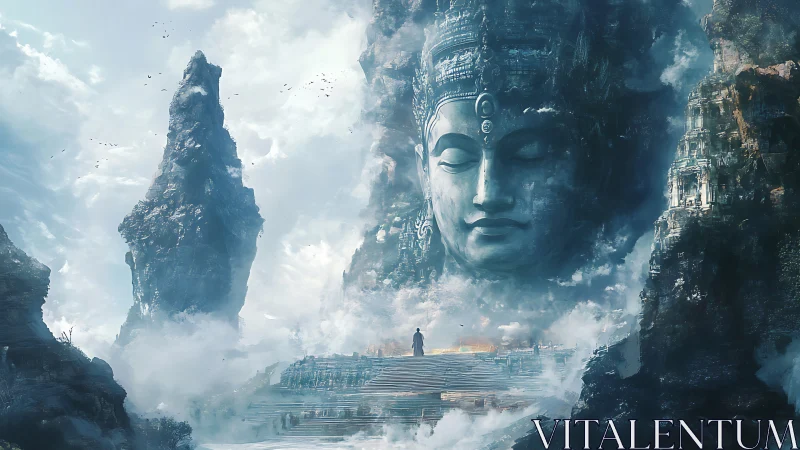 Colossal stone deity above misty mountain temple steps.