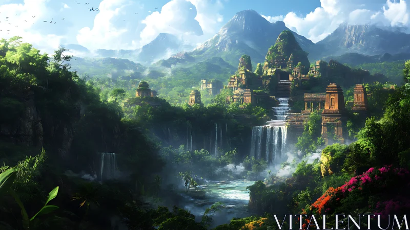 Sunlit jungle citadel with terraced waterfalls and peaks.