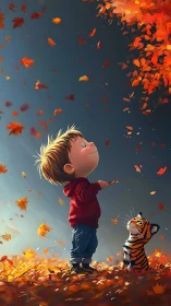 Curious child and tiger watch glowing autumn leaves cascade.