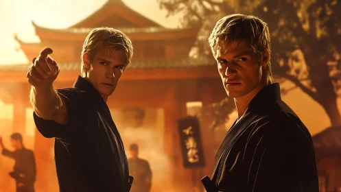 Dual martial artists in sunlit dojo courtyard standoff.