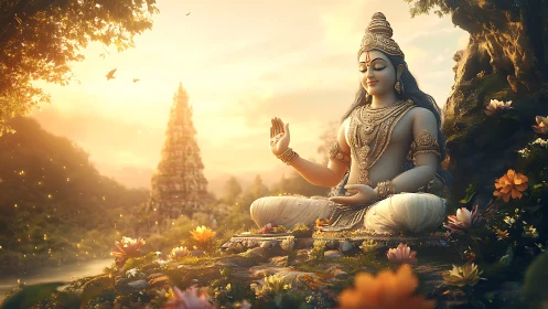 Sun-drenched mountain sage welcomes dawn in jeweled stillness