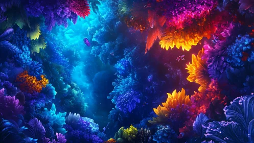 Rainbow coral dreamscape embracing a glowing ocean path.
