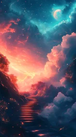Stairway through illuminated clouds toward moonlit sky.