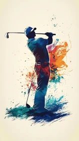 Golfer silhouette holds follow-through amid bold paint splashes