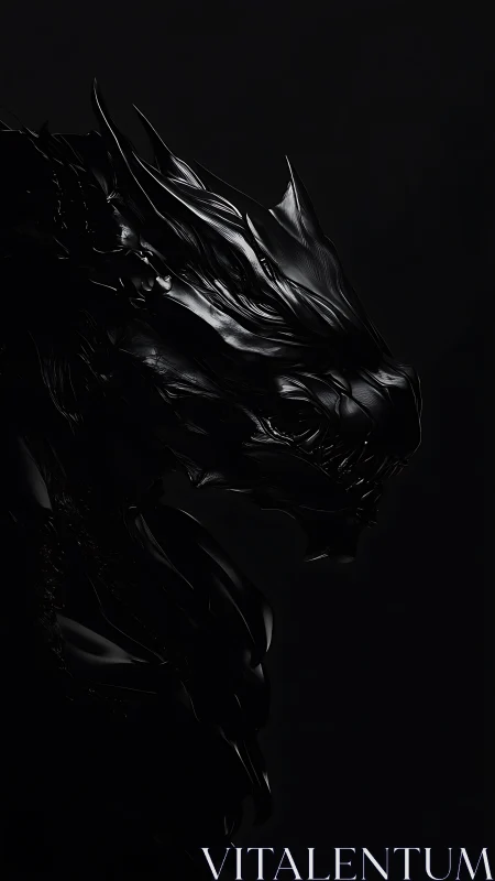 Black metallic dragon profile in low key lighting study.