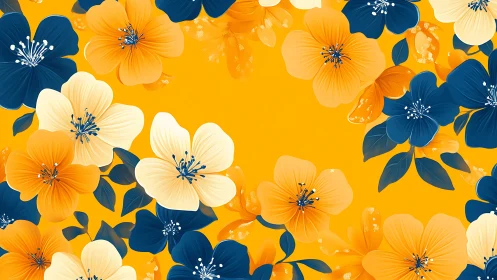 Bright Floral Pattern with Orange, White and Navy Blooms