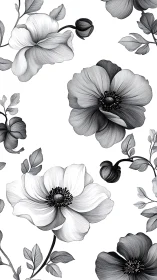 Botanical Line Drawing: Anemone Flowers with Layered Petals.