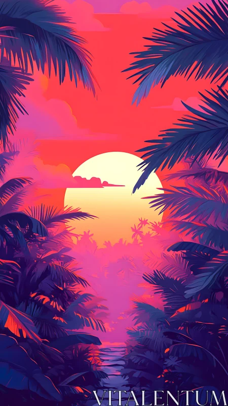Neon tropical sunset illuminates stylized jungle pathway