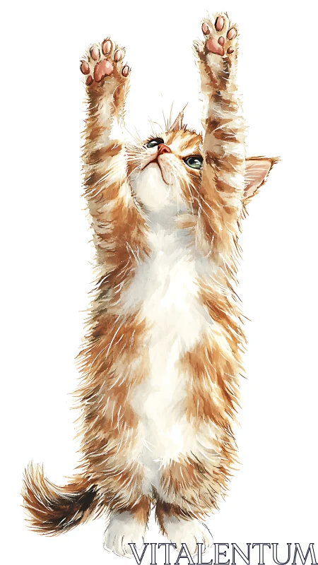 Playful Orange Tabby Cat Stretching Paws Upward with Joy.