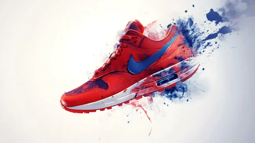 Red athletic shoe rendered with dynamic paint dispersion effects