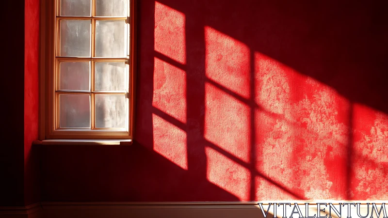 Sunlit wooden window casts strong grid shadows on red wall