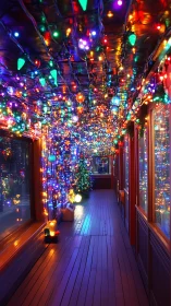 Color drenched hallway glows under dense holiday lights