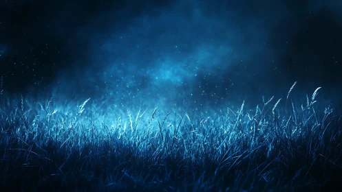 Cool-toned digital field scene shows illuminated blue grass