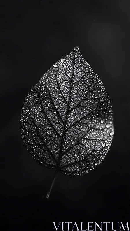 Dew-covered leaf glows softly in dramatic monochrome focus.