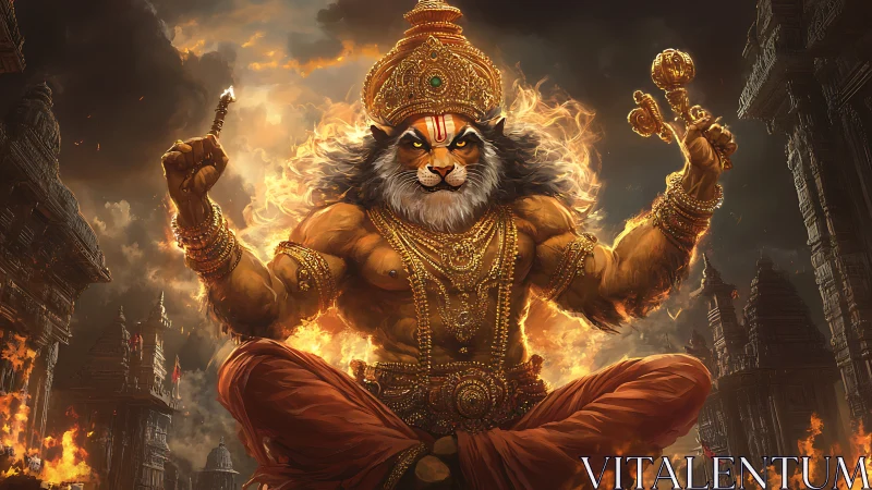 Mythic lion-headed deity in blazing temple ruins panorama.