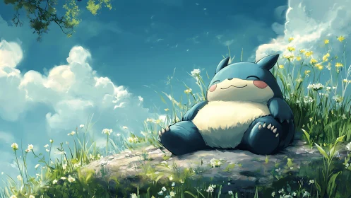 Cartoon creature naps on grassy hill under bright sky