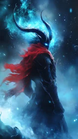 Horned spectral warrior strides through icy celestial mist