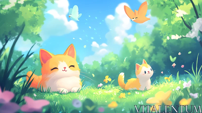 Cheerful Cats Play in Sunlit Meadow with Butterflies.