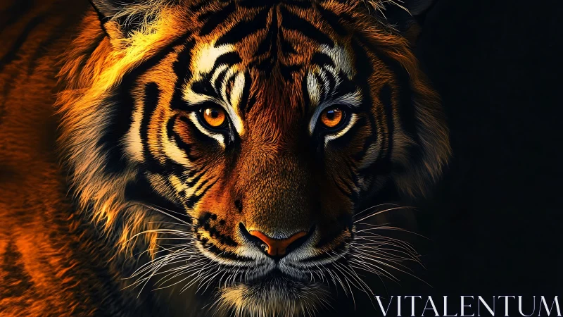 Intense tiger portrait in sharp light against dark void.