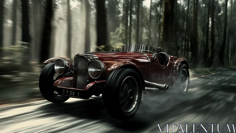 Vintage roadster surging through misty forest road at speed.