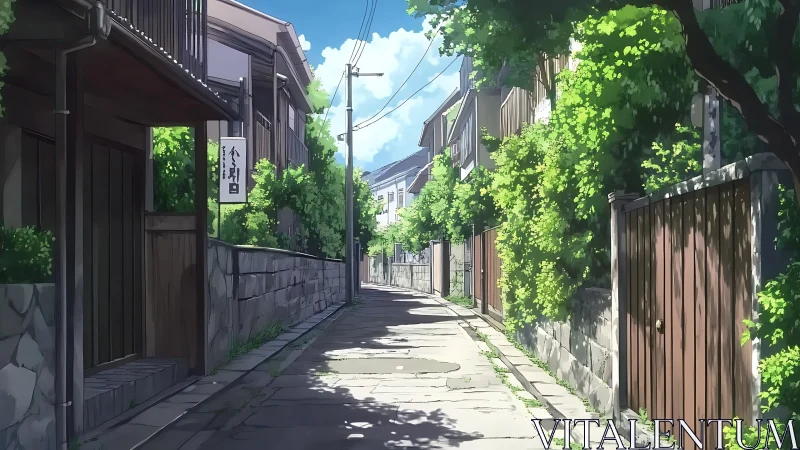 Sunlit anime alleyway with dense foliage and woodwork details.