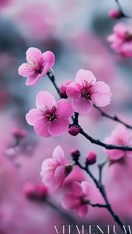 Pink Peach Blossoms Branch with Selective Focus