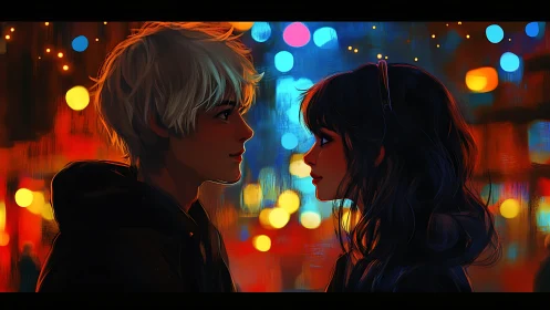 Soft city lights cradle a quiet moment between two souls.