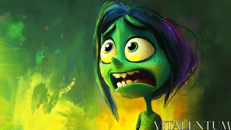 Green cartoon character is depicted with exaggerated alarmed expression