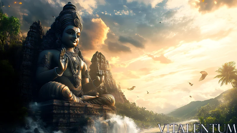 Colossal riverfront deity statue under glowing sunset sky.