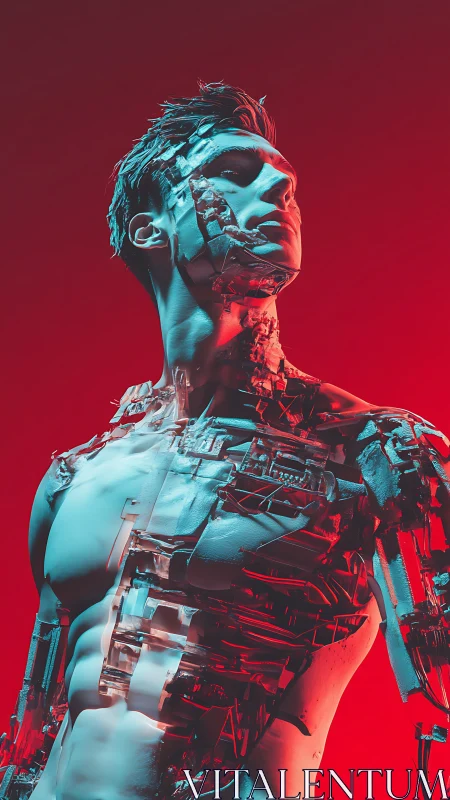 Shimmering cyborg figure gazes upward in glowing neon light