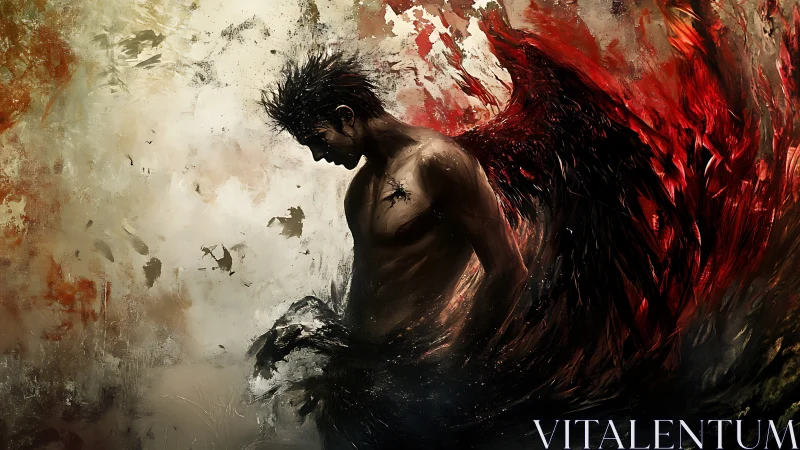 Dark winged figure in abstract fiery digital storm.