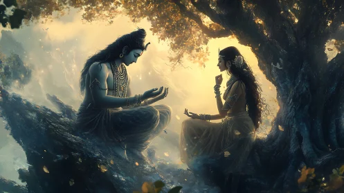 Sacred moonlit conversation beneath the whispering tree.