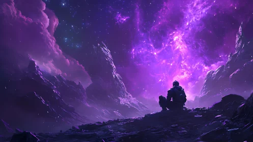 Stargazer resting beneath a glowing violet cosmos.