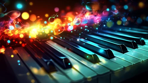 Glowing piano keys unleash vibrant, swirling musical energy