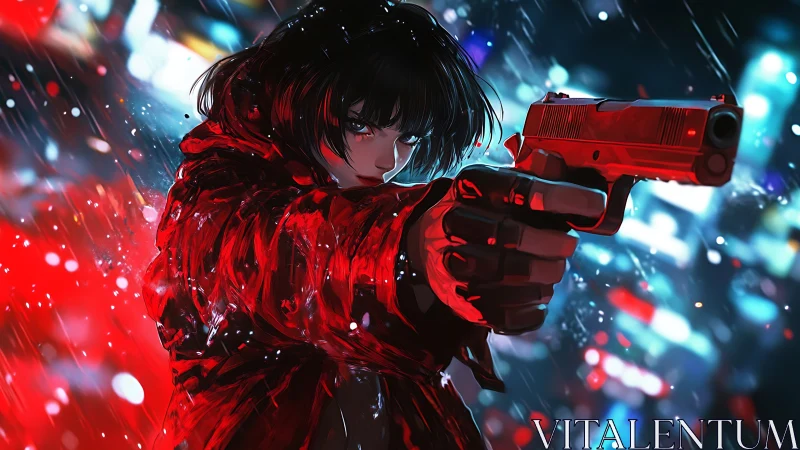 Neon-lit anime assassin aims pistol through driving rain.