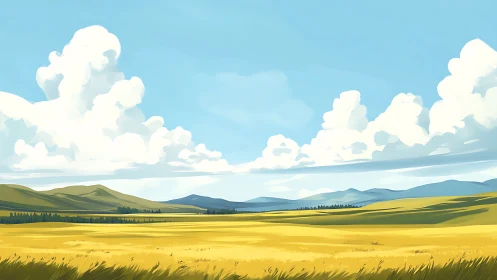 Golden fields under drifting clouds and distant blue hills.