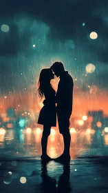 Silhouetted kiss amid rain, neon lights glow behind.