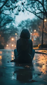 Cinematic portrait of hooded figure in rainy urban dusk street.