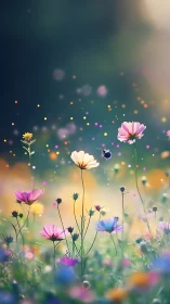 Soft-focus wildflower field with colorful blooms and bokeh particles.