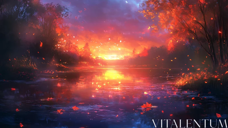 Fiery autumn river sunset bathes tranquil water in light