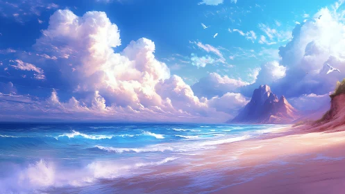 Cloud kingdoms drift above a luminous turquoise shoreline.